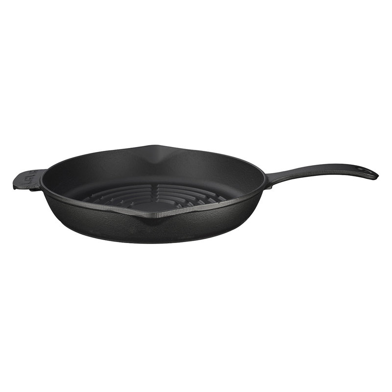 Lava Enameled Cast Iron Grill Pan 11 inch-Radial Pattern Pan with Pour Spouts Round Black
