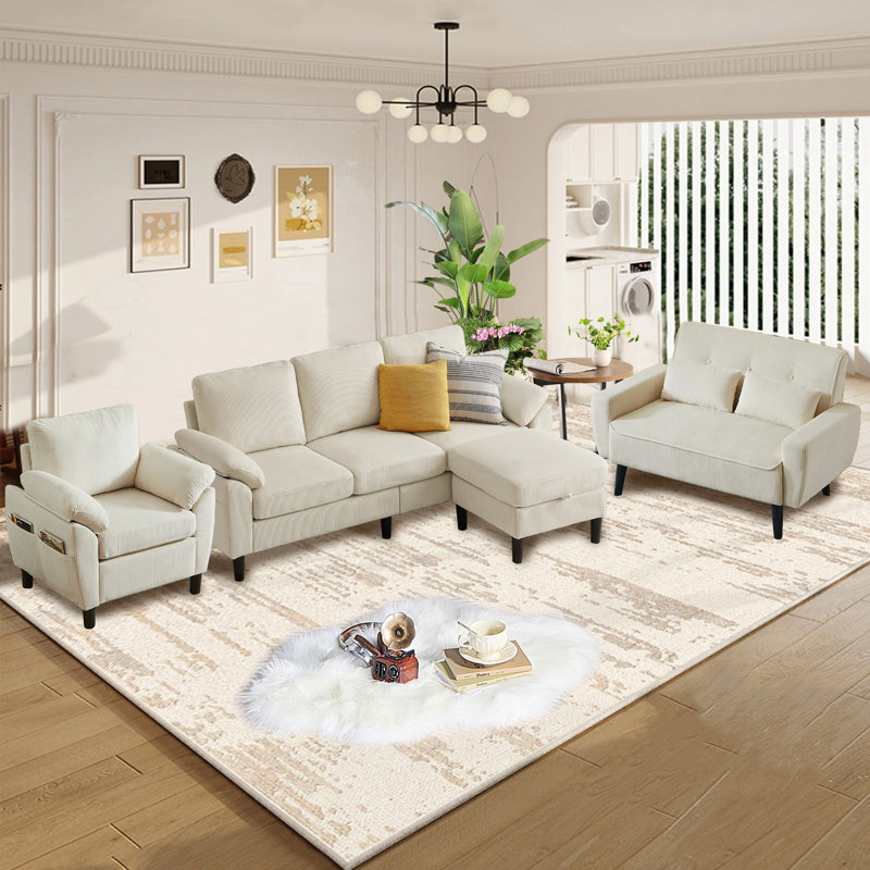 Ensemble de canapés en velours côtelé 4 pièces, canapé modulaire en L avec repose-pieds, causeuse et fauteuil simple, Beige