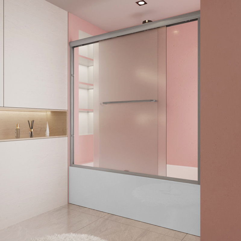 55" to 59" W 56" H Double Sliding Semi-Frameless Tub Door with Frosted Glass, Brushed Nickel