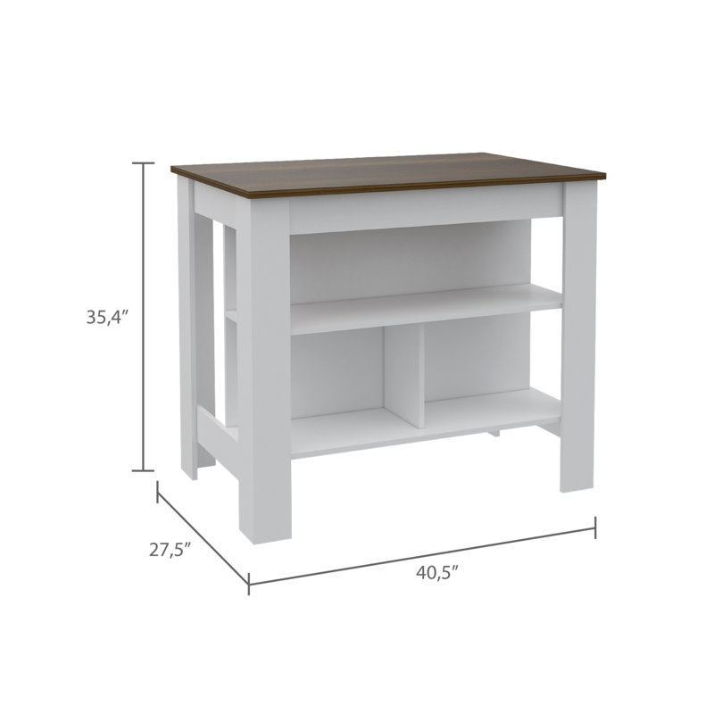 Îlot de cuisine, quatre pieds, trois tablettes, Blanc/noyer