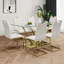 Table de salle à manger moderne en verre avec design transparent et base en acier inoxydable, ensemble de chaises blanches avec pieds plaqués or-133444390-133444392