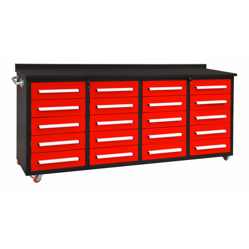 7Ft Storage Cabinet With Work Bench (20 Drawers), With Caster, Blue