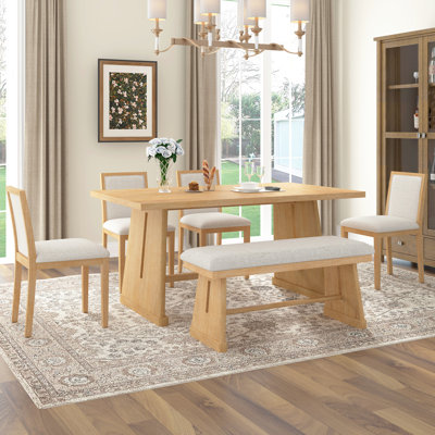 6 pièces de style rustique avec table rectangulaire, 4 chaises rembourrées en lin et 1 banc rembourré pour les dîners intimes