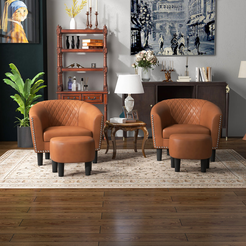 Fauteuil demi-tonneau en similicuir de 28 po avec repose-pieds assorti Janajah, Similicuir brun
