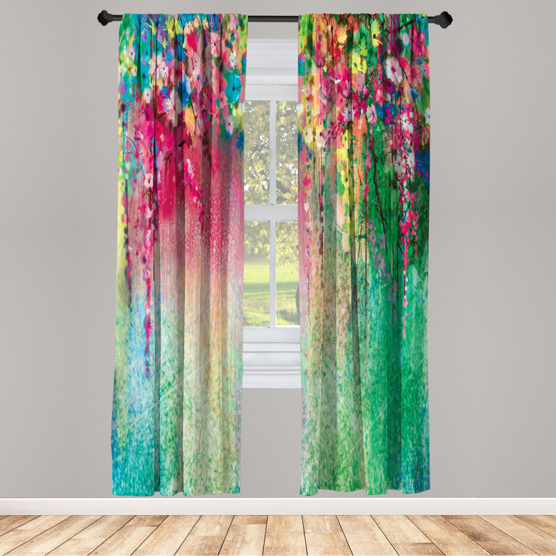 Microfiber Floral Semi-Sheer Rod Pocket Curtain Panels, 28" W x 63" L, Green/Pink/Blue