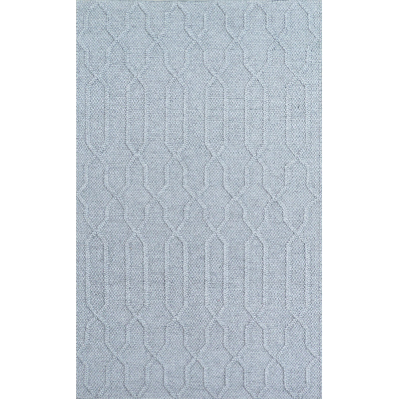 Tapis décoratif bleu en laine nouée à la main à motif géométrique Liskeard, Rectangle 4 pi x 6 pi