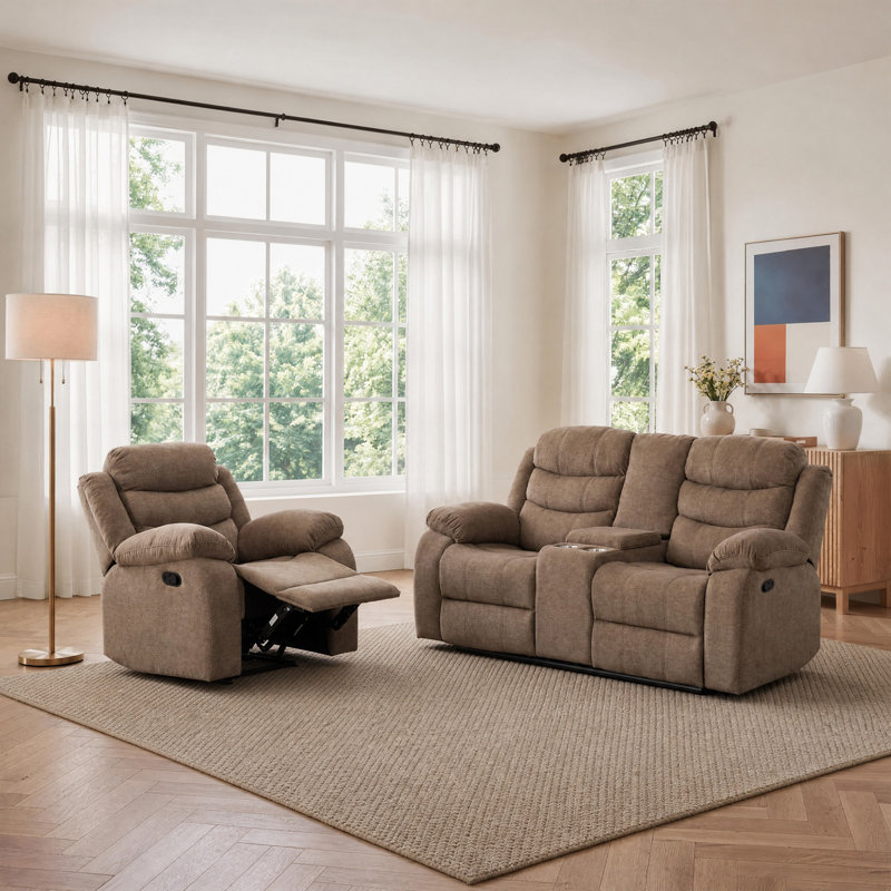 Ensemble inclinable en polyester: fauteuil inclinable manuel et causeuse avec rangement et porte-gobelets, Brun