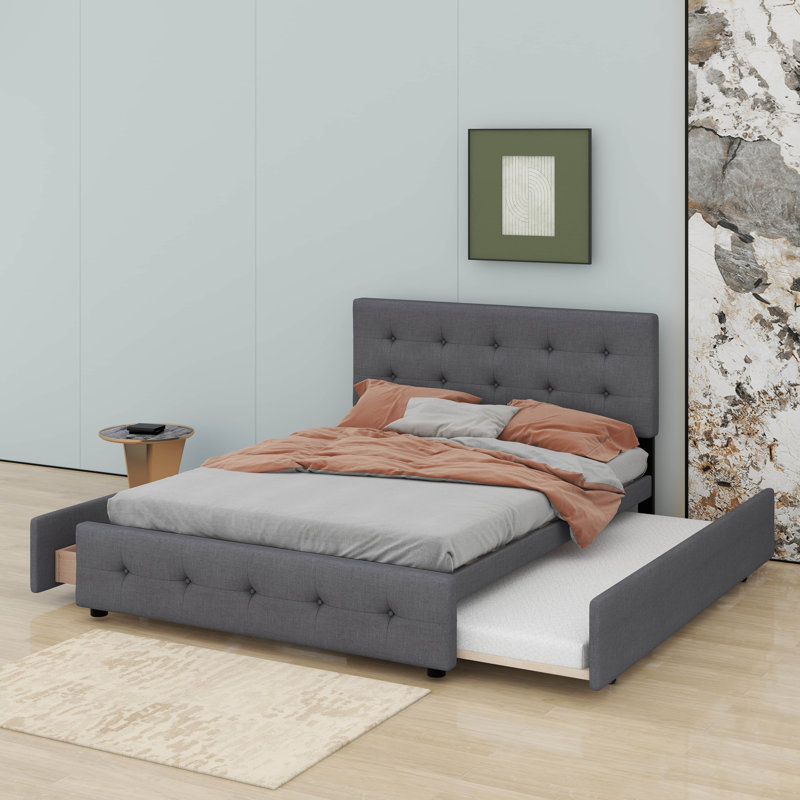 Grand lit plateforme tapissier avec 2 tiroirs et un lit gigogne, Gris foncé