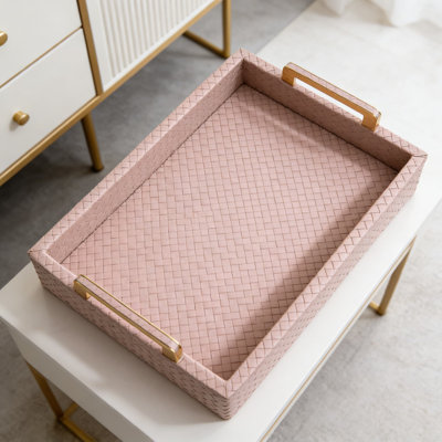 Large Rectangular Serving Tray With Gold Handles, Faux Leather Ottoman Tray For Coffee Table, Home Decor In Living Room, Kitchen, And Bedroom