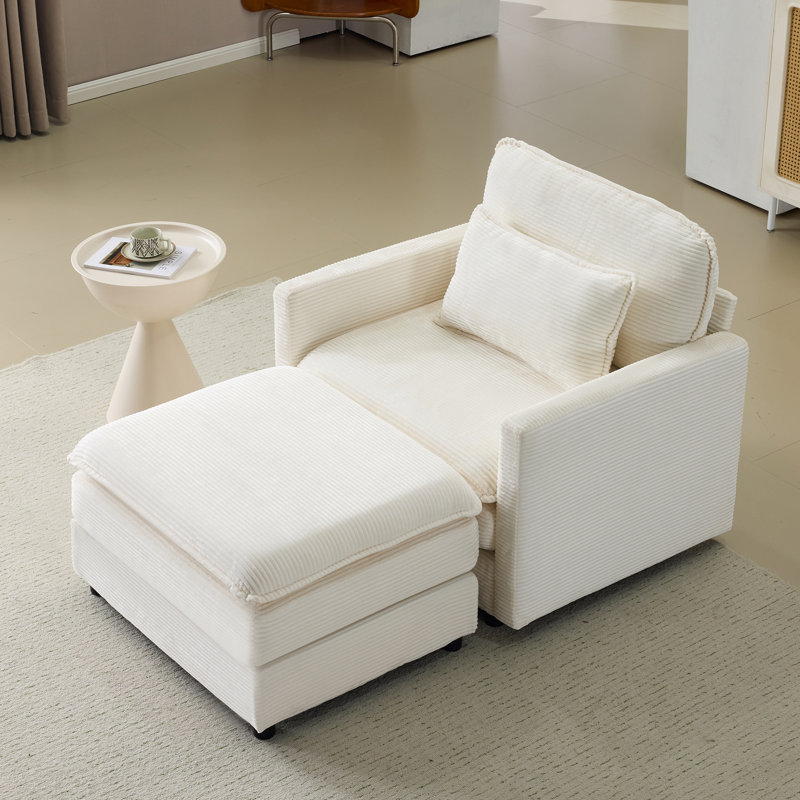 Canapé modulaire simple + repose-pieds avec coussins en chenille beige de 22 po + 2 coussins décoratifs - Taille compacte pour appartement, salon, chambre à coucher