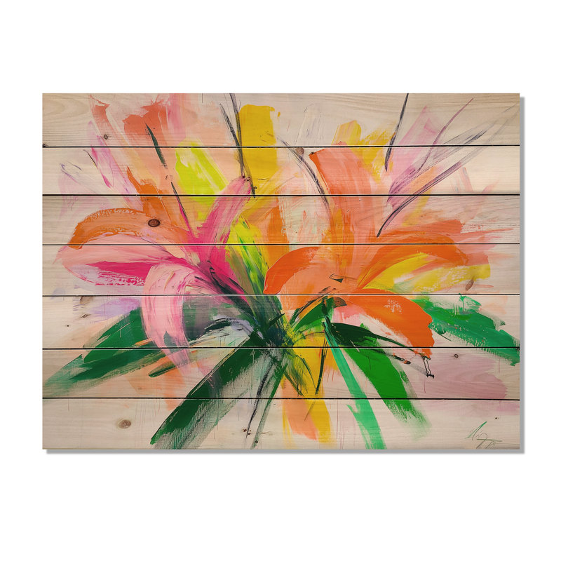 Bouquet tropical de palmiers I - impression traditionnelle en bois orange sur bois de pin naturel, H 30 po x l 40 po