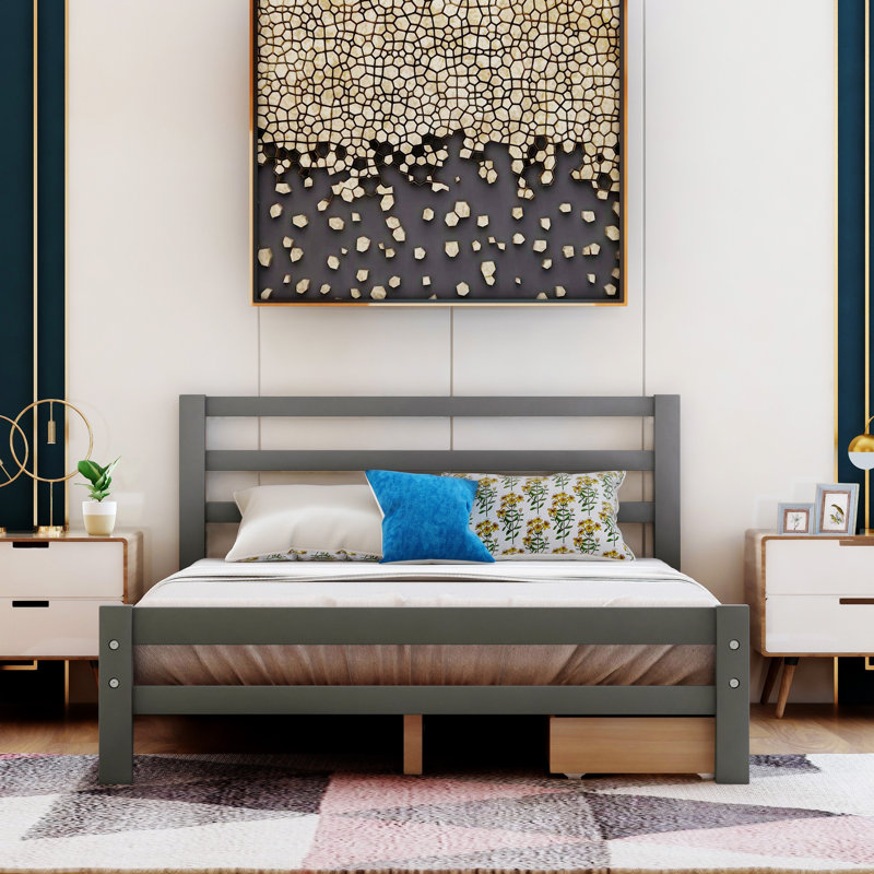 Aniko Low Profile Storage Platform Bed with 2 Drawers and Headboard, Full, Gray