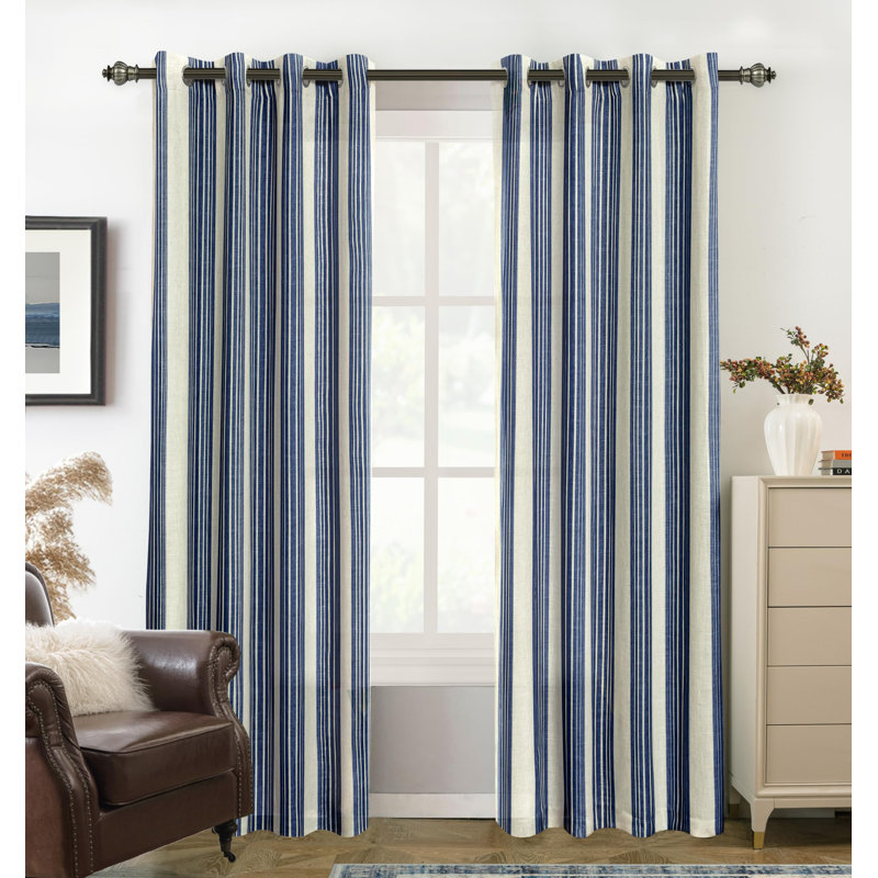 Rideaux semi-transparents en lin avec motif à rayures Chris, L 52 po x L 84 po, Bleu marine foncé