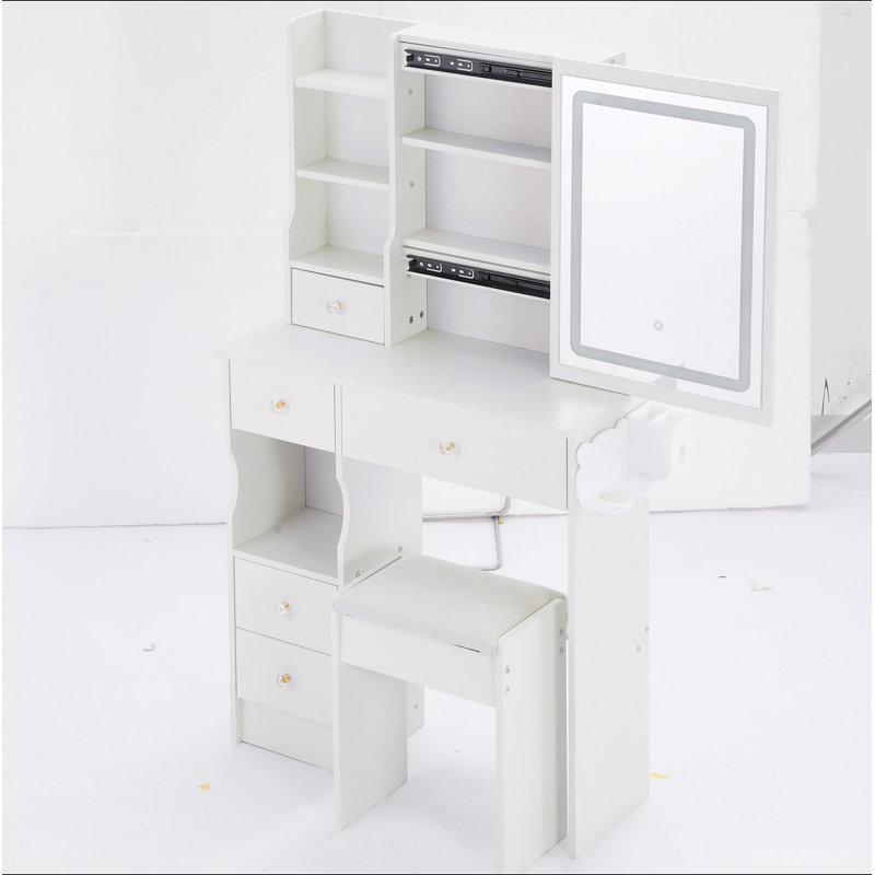 29.2" Small Size Left Drawer Desktop Vanity Table + Cushioned Stool, 2 AC+2 USB Power Station, Hair Dryer Bracket, Extra Large Touch Control Sliding LED Mirror, Tri-Color Switching, Brightness Adjust