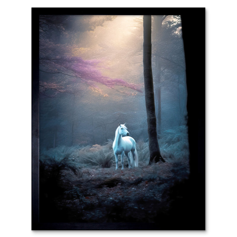 Hosea Lone White Forest Horse Enchanted Landscape Sunbeam - Single Picture Frame Print