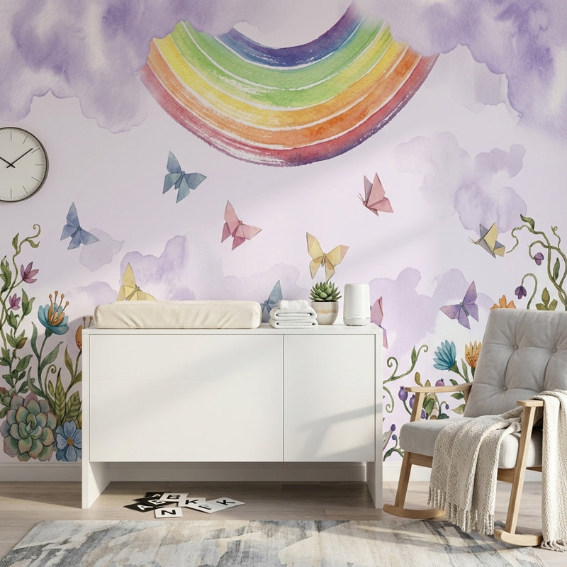Décoration murale arc-en-ciel papillons amovibles aquarelle, 160 po x 108 po, Peler et coller