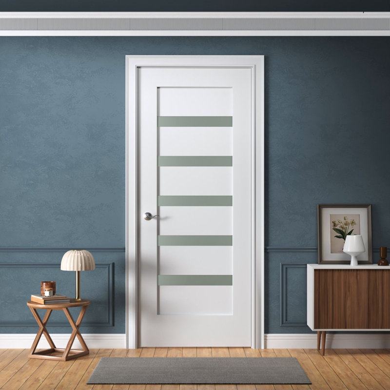 Prehung Interior Door, 5-Lite Small Frosted Glass Design, White Primed, Solid Core, With Jambs Kit, Hinges, And Pre-Drilled Lock & Hinge Holes