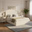 Lit plateforme neutre avec rangement en tissu de bois beige, grand lit rembourré pour le désordre dans la chambre à coucher, style simple et élégant