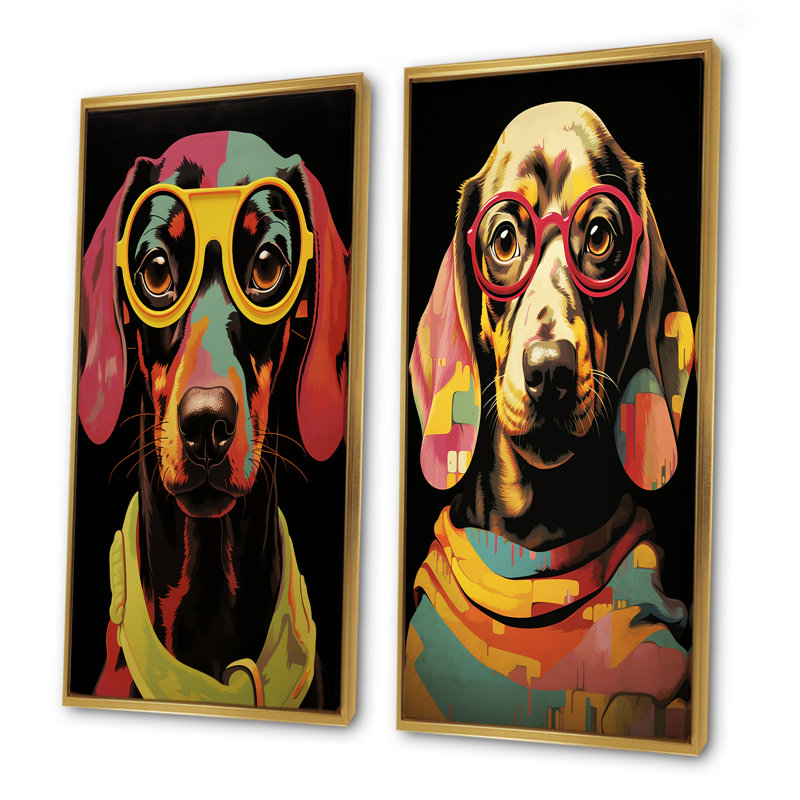 Curious Popart Daschund Dog I - Ensemble de 2 décorations murales chien Daschund, Cadre flottant doré, H 28 po x l 25 po