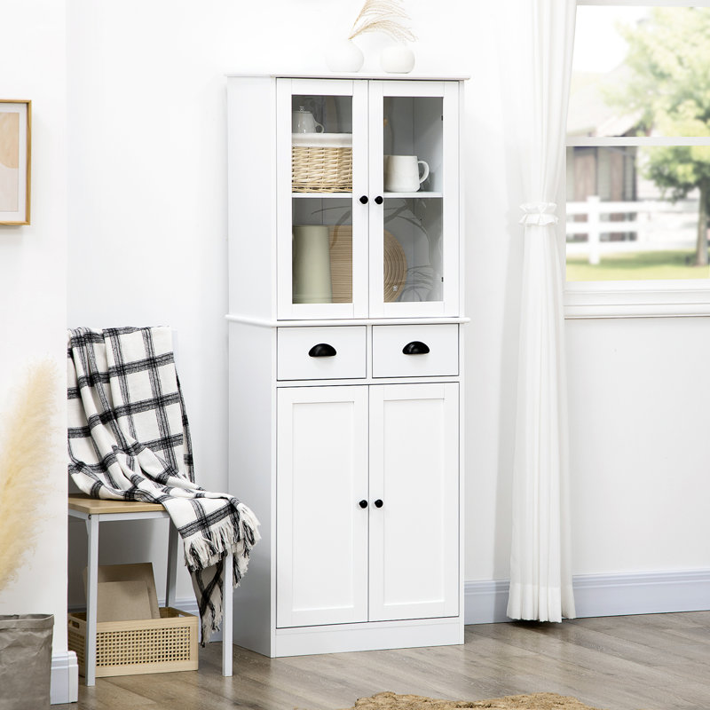 Garde-manger blanc de 61 po avec 2 tiroirs, des tablettes réglables et des portes à fermeture en douceur pour le rangement de la salle à manger sur pieds