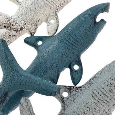 Set Of 3 Cast Iron Shark Wall Hooks In Blue, Gray, White – 5.25 Inches High - For Indoor & Outdoor Use – Perfect For Bathrooms, Poolside, Nautical Themes & Beach Homes