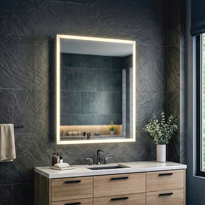 FINE FIXTURES Aura™ Smart LED Medicine Cabinet with Qi Wireless Charging, Fog-Free Mirror, and Dimmable 3-Color Lighting