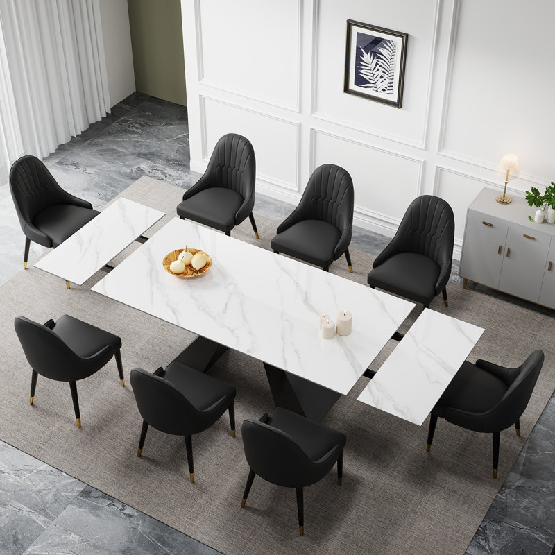 110.23'' Extendable Sintered Stone Dining Table and Dining Set, 8, Snow Mountain White