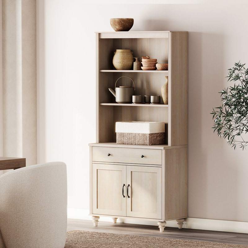 Scarlett Sideboard Cabinet With Bar Hutch, Farmhouse Sideboard Credenza For Dining Room, Modern Buffet Cabinet, Large Storage Cabinet With Wood Doors And 5 Tier Shelve, Beige