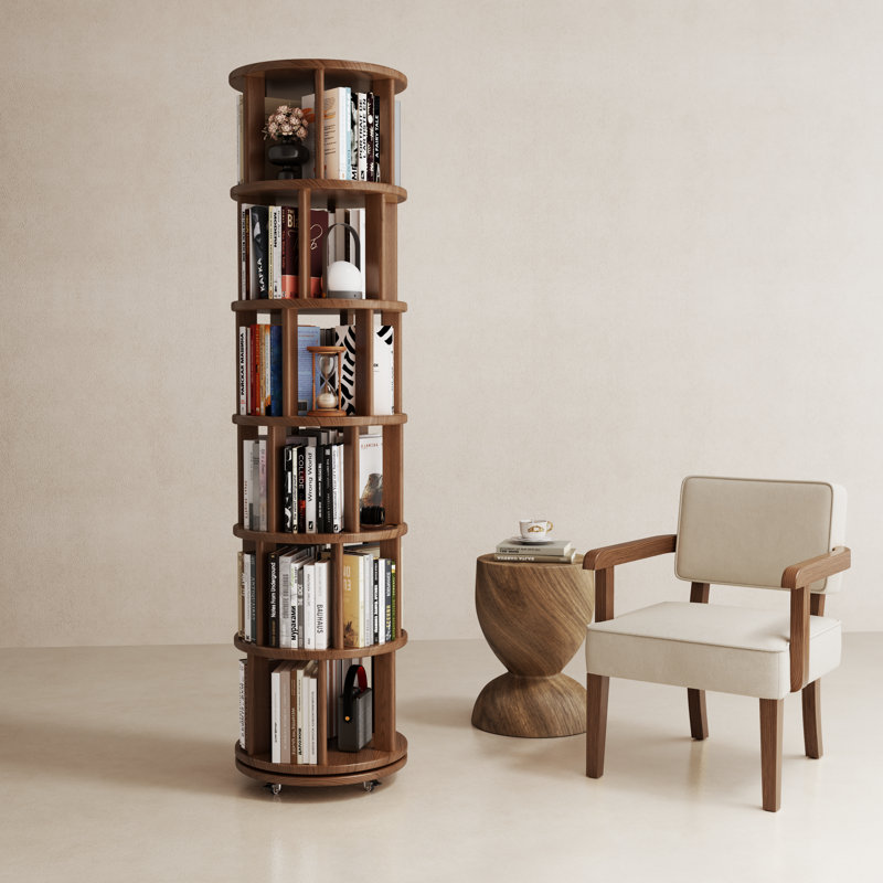 Oliver 360° Rotating Solid Wood Bookshelf, Equipped with Brake Wheels, Allowing for Flexible Adjustment, Brown