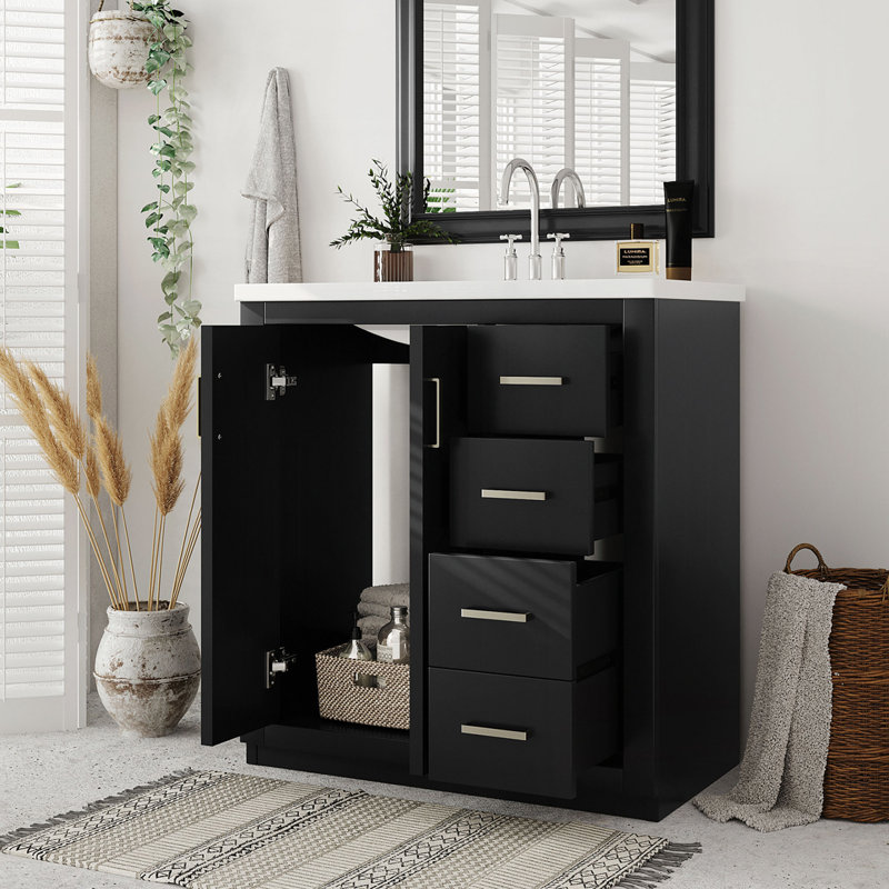 30'' Bathroom Vanity with Ceramic Sink, Black, Silver