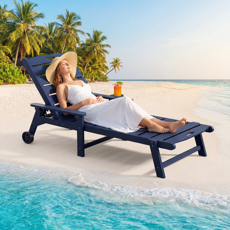 Outdoor Lounge Chair with 5-Position Adjustable, Pool Lounge Chair with Portable Wheels, Cup Holder, HDPE Tanning Chair for Outside, Poolside