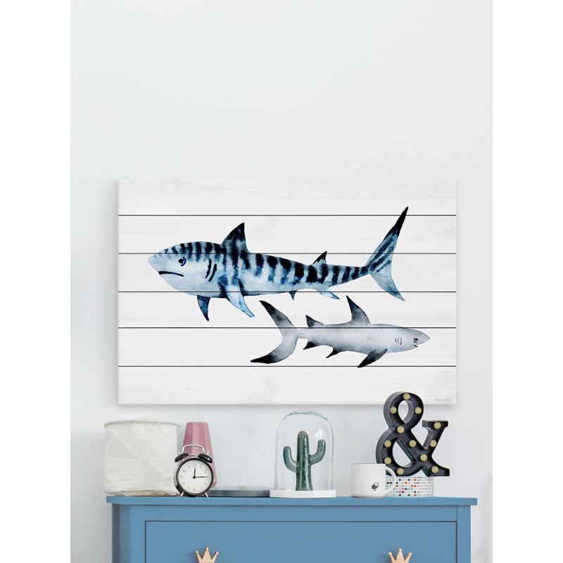 «Sharks Duo», reproduction d'art sur bois blanc, H 30 po x l 45 po x P 1,5 po
