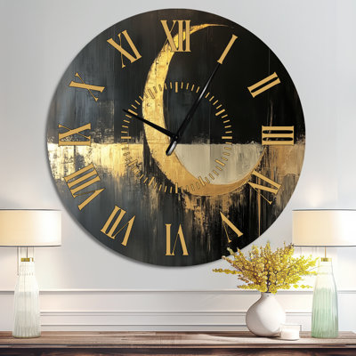 Golden Crescents in Darkness - Minimalist Metal Wall Clock