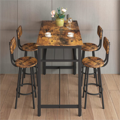 5-Piece 43.3-Inch Warm Brown MDF Bar Table Set with 4 Stools, Compact Pub-Style Dining Set for Kitchen