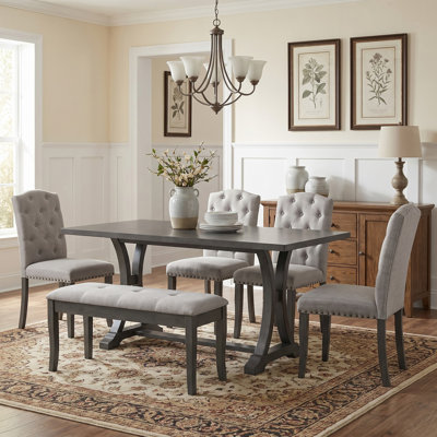 6-Piece Farmhouse Dining Table Set, Solid Wood Dining Set with Rectangular Trestle Table and 4 Upholstered Chairs & Bench for Dining Room and Kitchen