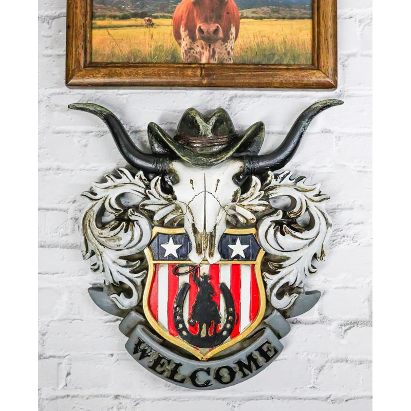 Rustic Western Patriotic Longhorn Cow Skull Cowboy Hat Welcome Wall Decor Plaque