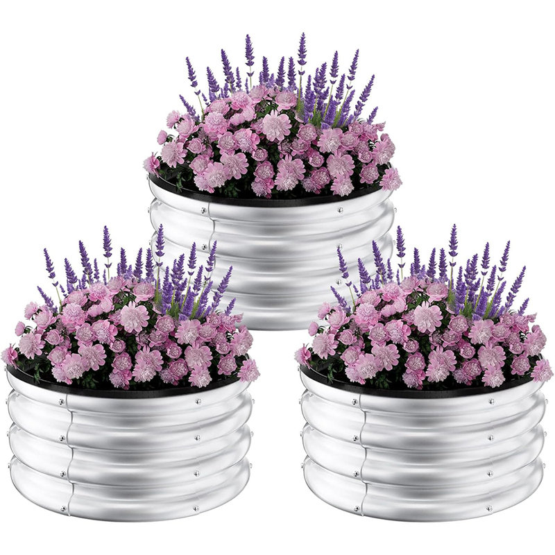 3-Pack 24" Round Galvanized Metal Planter Boxes, Raised Garden Beds for Vegetables, Herbs & Outdoor Planting, Silver