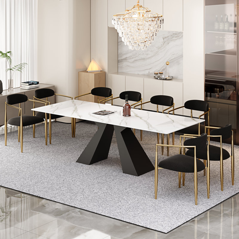Chinguun 9 - Piece Dining Table Set With 94.5'' Extendable Sintered Stone Dining Table And 8 Fabric Chairs, Black/Gold
