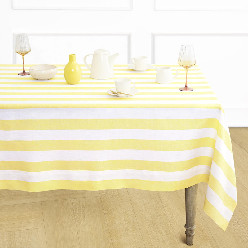 Cabana Stripe - 100% Pure Linen Tablecloth, 156" x 60", Primrose Yellow/White