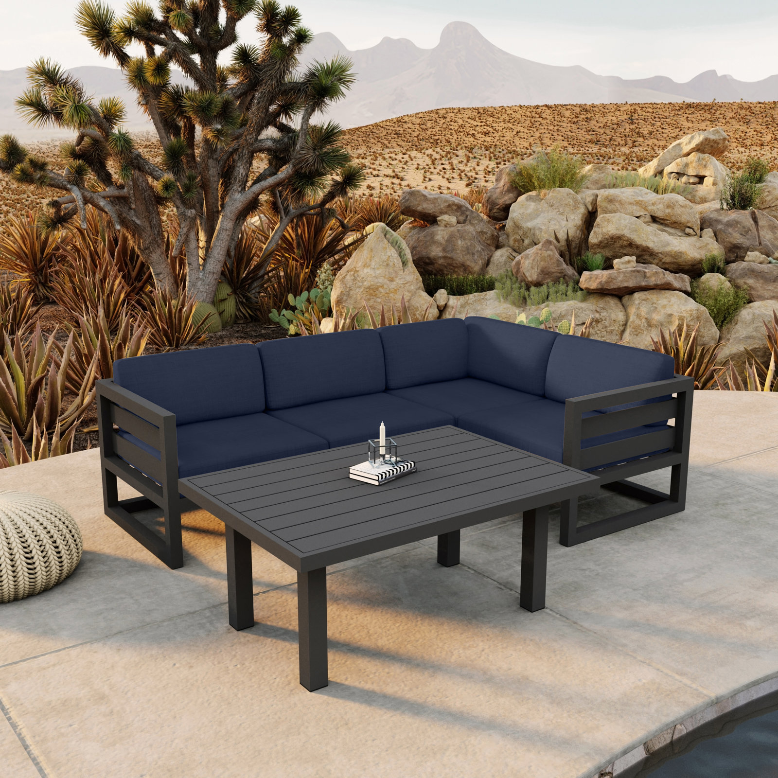 Smith 5 Piece Sectional Seating Group with Sunbrella® Cushions, Spectrum Indigo, Slate