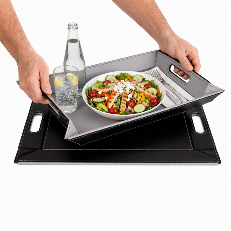 Plateau de service et napperon convertible 2-en-1 Freeform Freeform, similicuir de qualité supérieure - plateau repose-pieds, plateau de canapé et plateau de recouvrement avec poignées, réversible - gris et noir