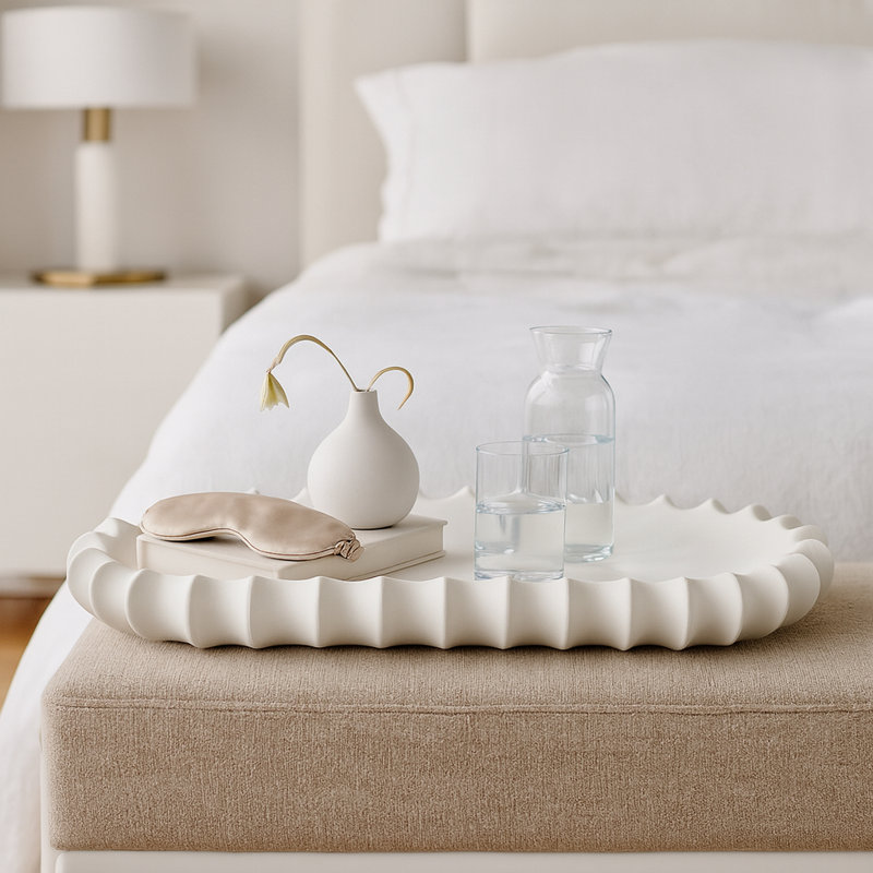 Decorative Oval Accent Tray with Scalloped Edge for Home Decor - Modern Home Decor Tray for Coffee Table, Kitchen, Trinket, or Jewelry - 18.75", Ivory