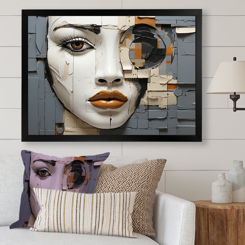 Beige gris, peinture, collage, portrait sur toile, H 16 po x l 32 po x P 1 po, Cadre simple noir