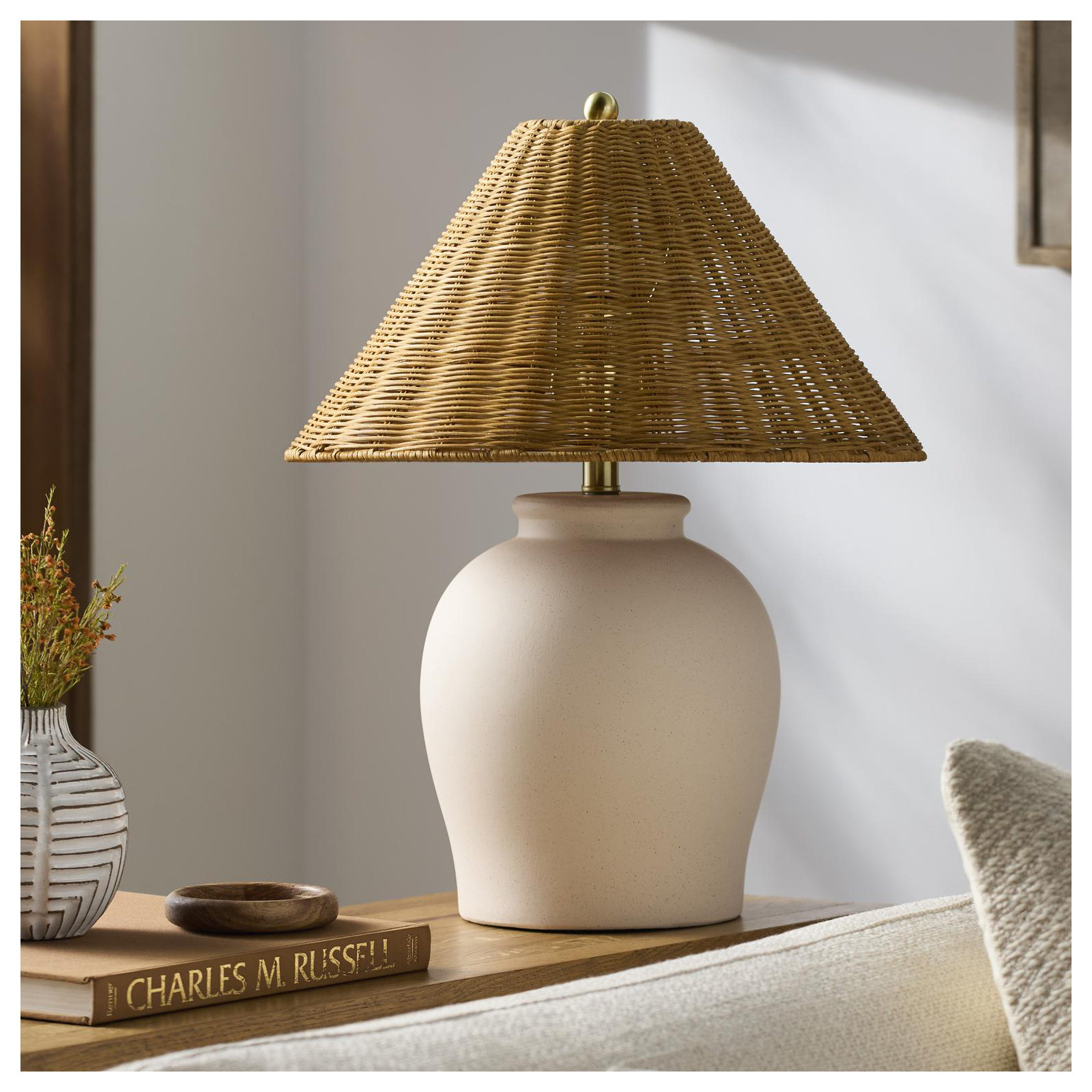 Chemise 22" Ceramic Table Lamp, Shell, Rattan