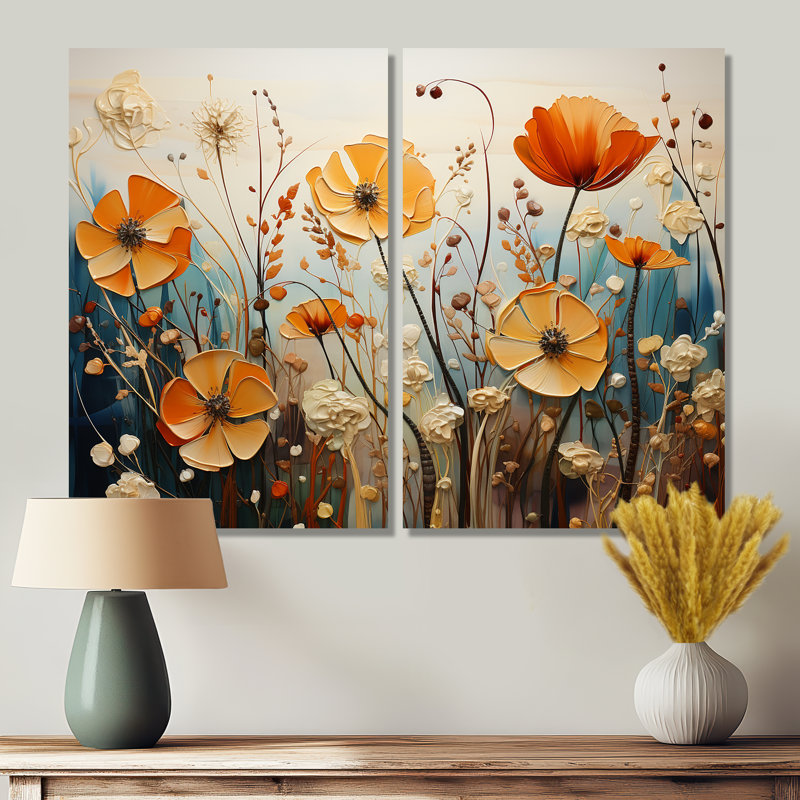 Collage de fleurs orange saisonnier saisonnier II - Art mural traditionnel, Toile tendue, Ne s’applique pas