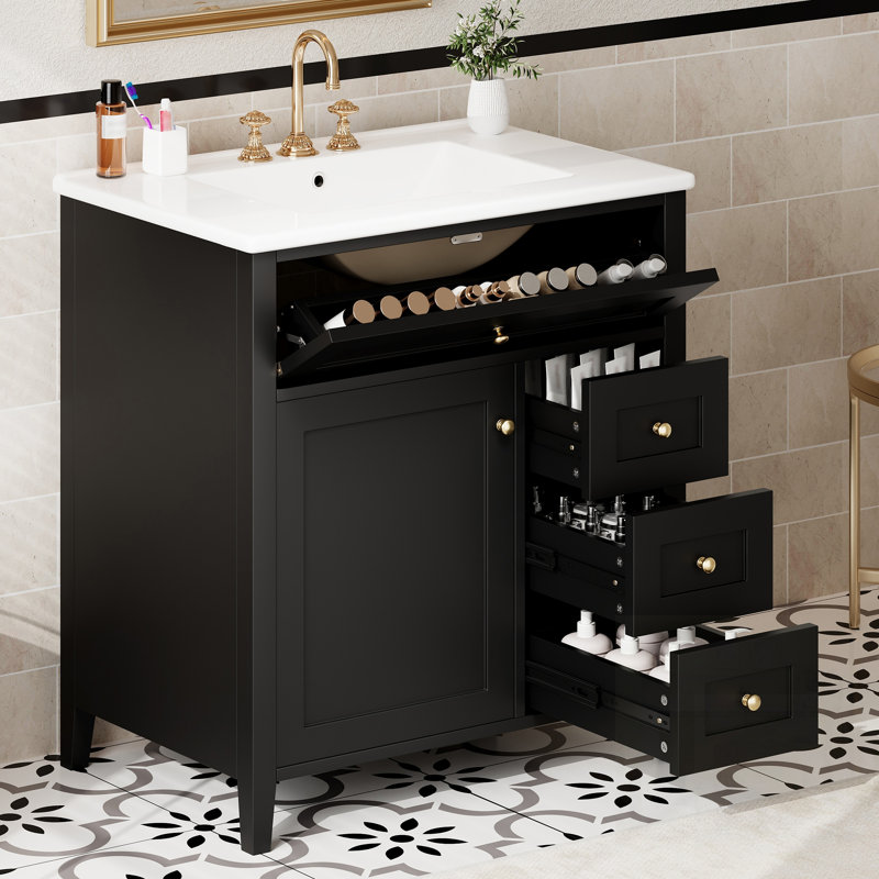 Meuble-lavabo moderne avec lavabo, tablette réglable et 3 tiroirs pour un rangement et une organisation efficaces, Black