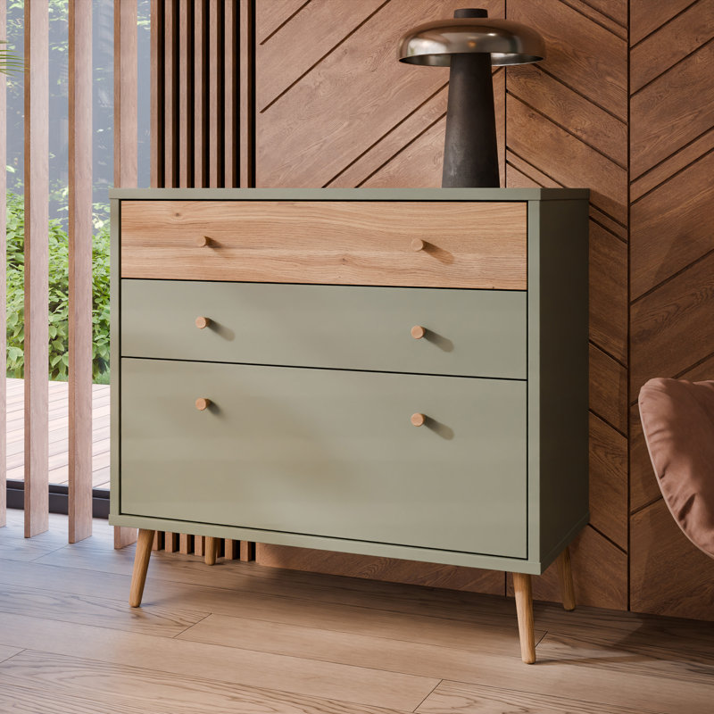 Mid-Century-Modern chest of drawers, EasyKlix by Forte quick assembly system, 3 drawers, tall feet, engineered wood, 89.8 cm W x 86.5 cm H x 41.5 cm D