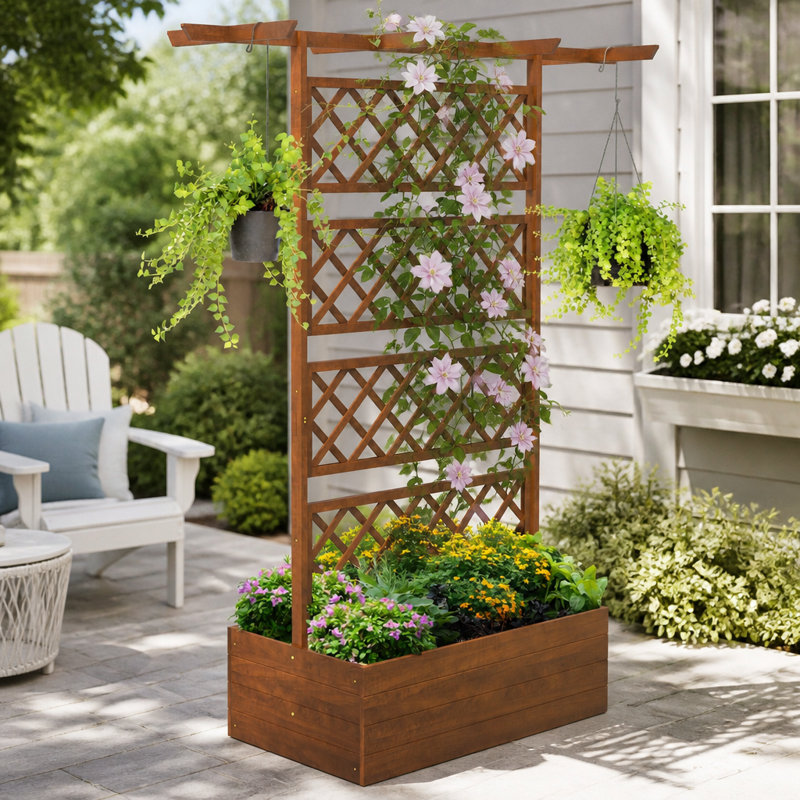 Boîte à fleurs surélevée en bois avec treillis intégré et toit de pergola pour vignes grimpantes