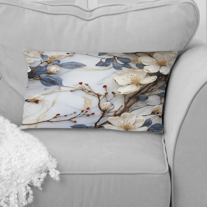 Oreiller en polyester à motif floral en marbre blanc et bleu Magnolias