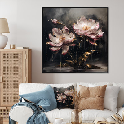 «Vibrant Pink Gold Peony Flower», reproduction sur toile encadrée